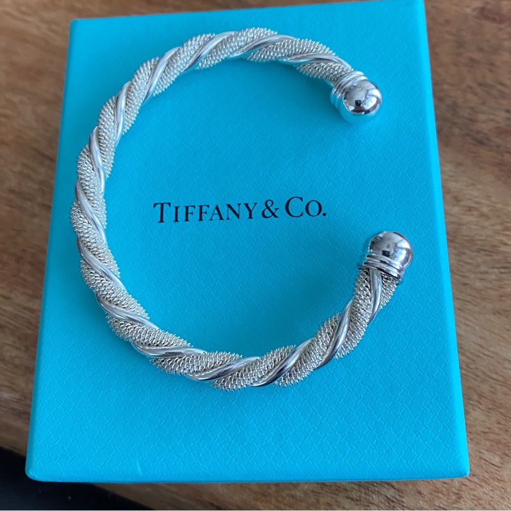Authenticated Tiffany & Co Peretti Sterling Silver Twist Wire Mesh Cuff Bracelet